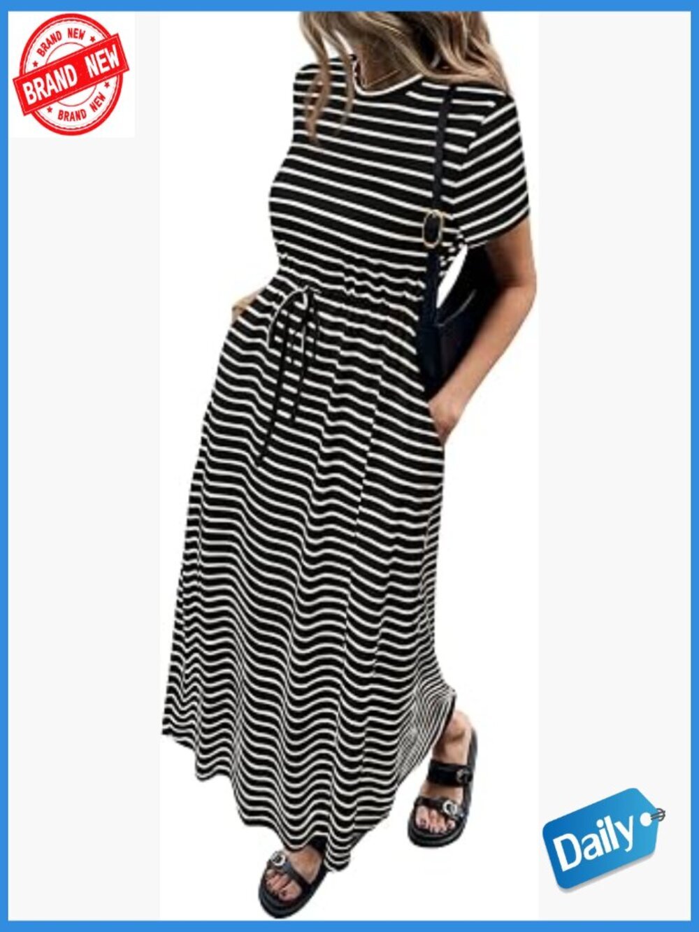 Short Sleeve Striped Maxi Dress with Pockets Drawstring Waist Loose Fit Beach